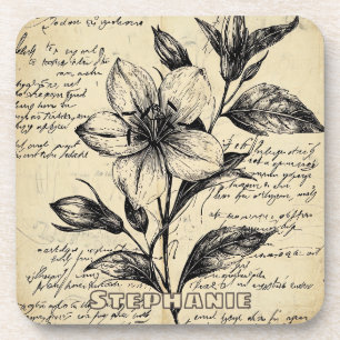 Rustic Floral Sketch with Calligraphy - Aged (5) Coaster