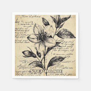 Rustic Floral Sketch with Calligraphy - Aged (5) Napkin