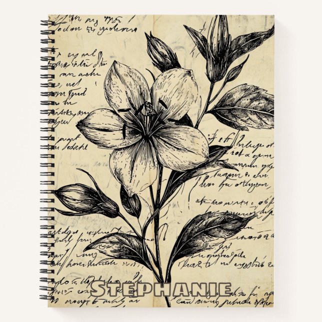 Rustic Floral Sketch with Calligraphy - Aged (5) Notebook (Front)