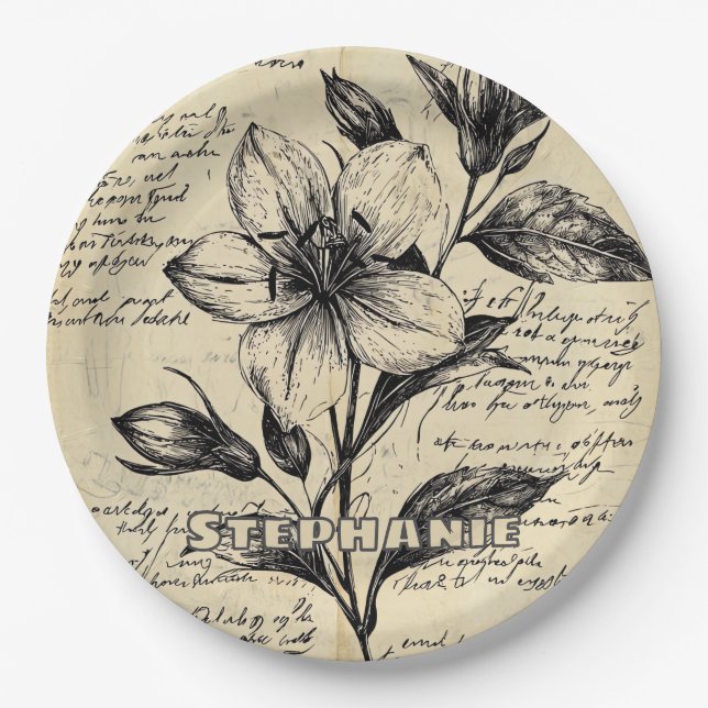 Rustic Floral Sketch with Calligraphy - Aged (5) Paper Plate (Front)