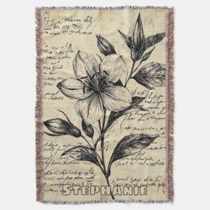 Rustic Floral Sketch with Calligraphy - Aged (5) Throw Blanket