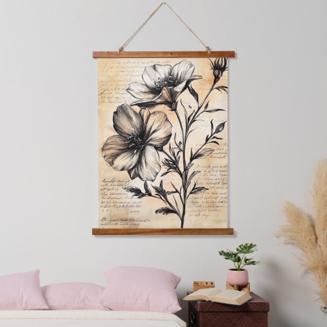 Rustic Floral Sketch with Calligraphy - Aged (6) Hanging Tapestry (Bedroom)