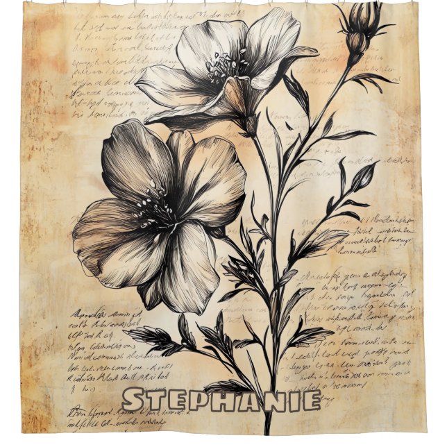 Rustic Floral Sketch with Calligraphy - Aged (6) Shower Curtain (Front)