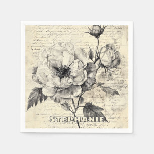 Rustic Floral Sketch with Calligraphy - Aged (7) Napkin