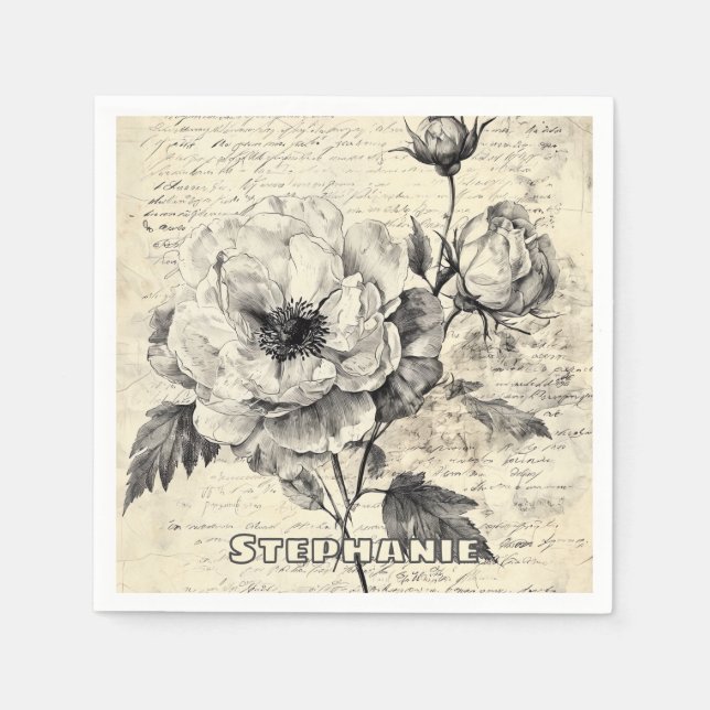 Rustic Floral Sketch with Calligraphy - Aged (7) Napkin (Front)
