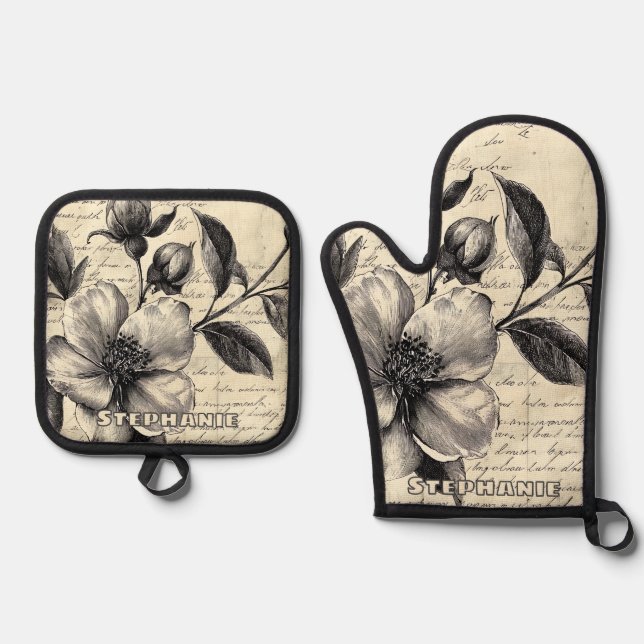 Rustic Floral Sketch with Calligraphy - Aged (8) Oven Mitt & Pot Holder Set (Front)