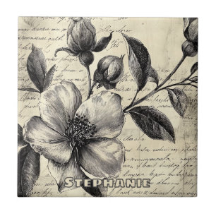 Rustic Floral Sketch with Calligraphy - Aged (8) Tile