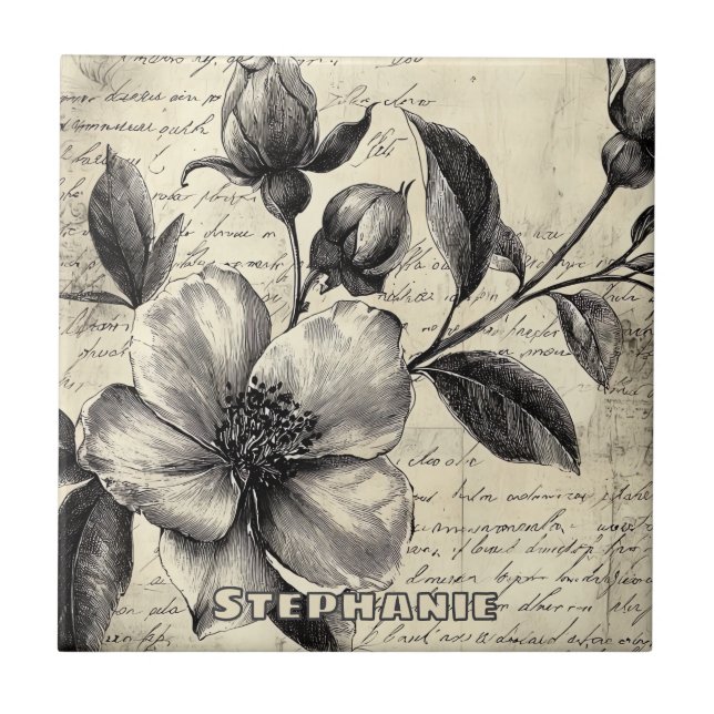 Rustic Floral Sketch with Calligraphy - Aged (8) Tile (Front)