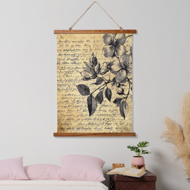 Rustic Floral Sketch with Calligraphy - Aged Hanging Tapestry (Bedroom)