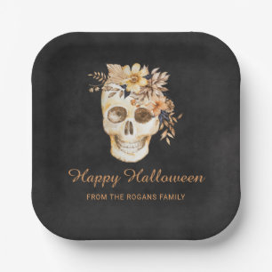 Rustic Floral Skull Halloween Paper Plate