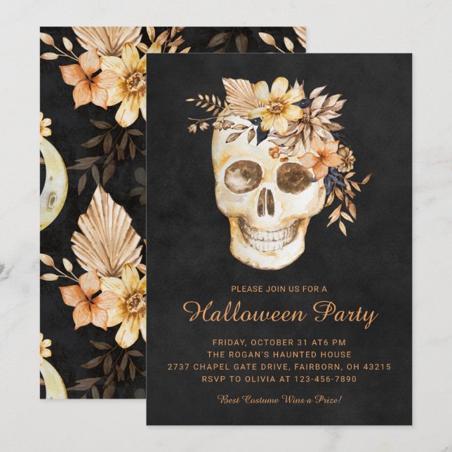 Rustic Floral Skull Halloween Party Invitation (Front/Back)