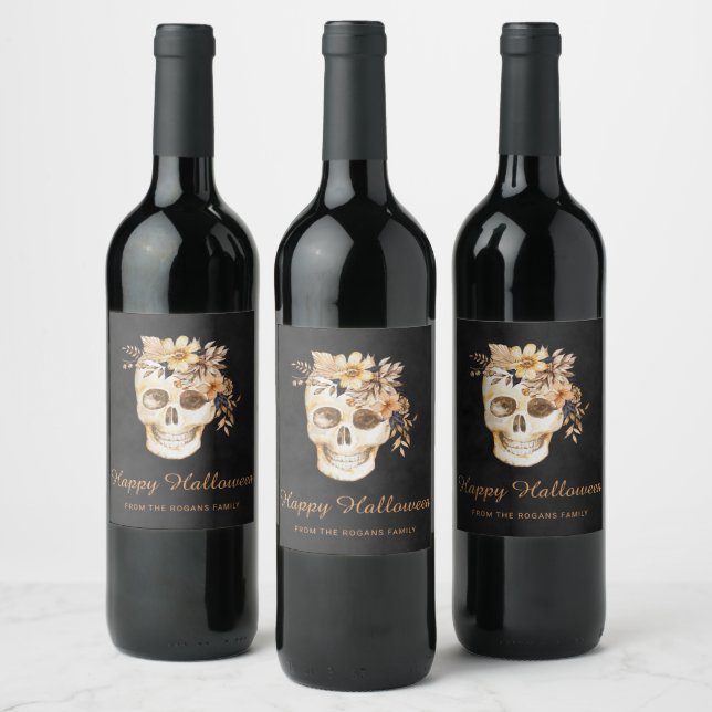 Rustic Floral Skull Halloween Wine Label (Bottles)