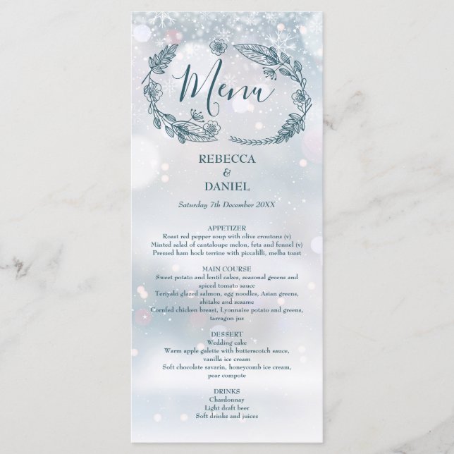 Rustic Floral Snowflakes Winter Wedding Menu (Front)