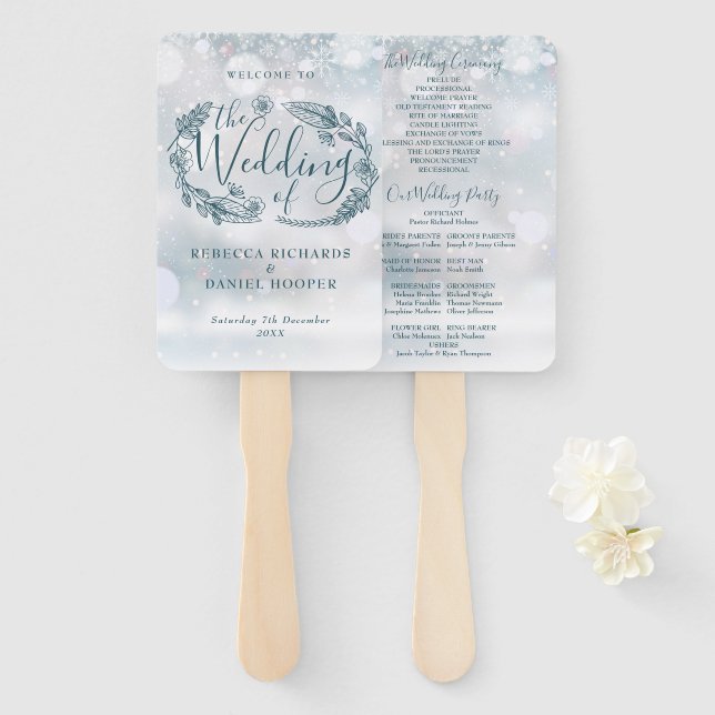 Rustic Floral Snowflakes Winter Wedding Program Hand Fan (Front and Back)