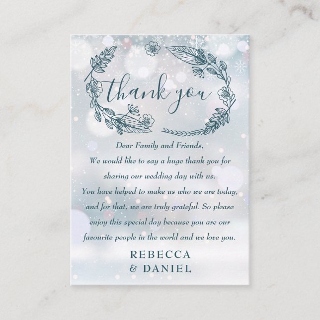Rustic Floral Snowflakes Winter Wedding Thank You Place Card (Front)