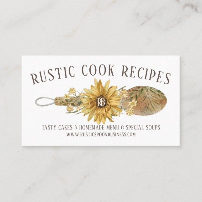 Rustic Floral Spoon Sunflower Bakery Cooking Chef Business Card (Front)