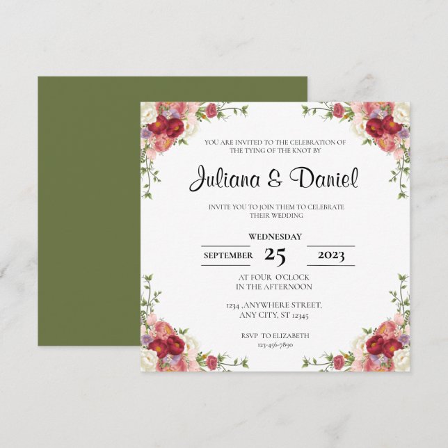 Rustic Floral Square Wedding Invitation (Front/Back)