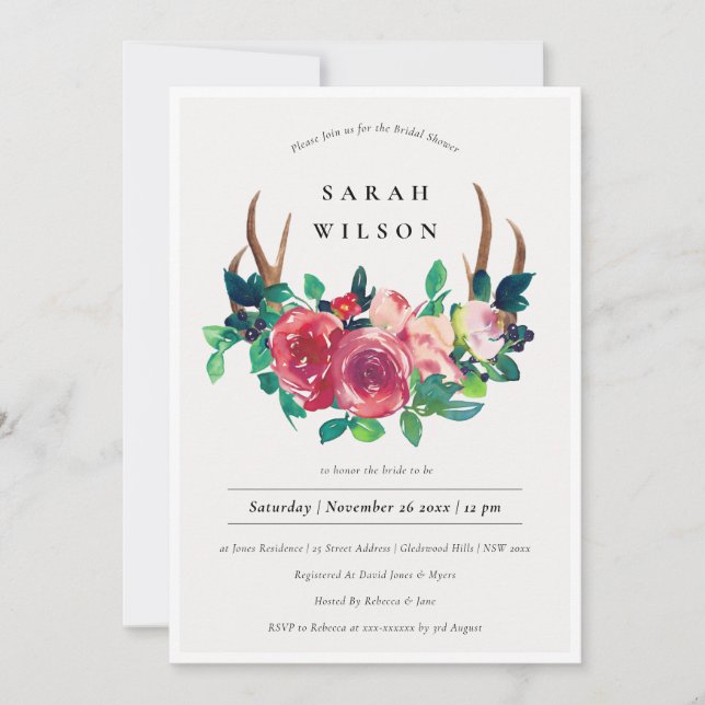 Rustic Floral Stag Antlers Bridal Shower Invite (Front)