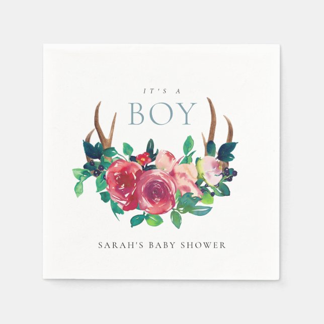 Rustic Floral Stag Antlers It's a Boy Baby Shower Napkin (Front)