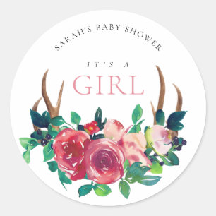 Rustic Floral Stag Antlers It's a Girl Baby Shower Classic Round Sticker