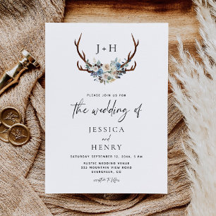 Rustic Floral Stag Antlers Wedding Invitation