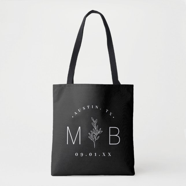 Rustic Floral Stem Wedding Monogram | Black Tote Bag (Front)