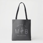 Rustic Floral Stem Wedding Monogram | Charcoal Tote Bag<br><div class="desc">Custom printed tote bags make a fun and functional wedding favour your guests will love! Personalise the template with the bride and groom's names or monogram initials. Add your wedding date, the city, state or venue name or any other custom text. This modern rustic logo-style design has a simple floral...</div>