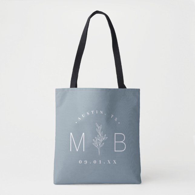 Rustic Floral Stem Wedding Monogram | Dusty Blue Tote Bag (Front)
