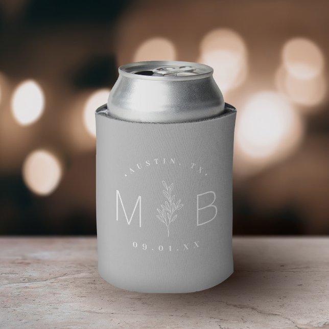 Rustic Floral Stem Wedding Monogram | Grey Can Cooler (Creator Uploaded)