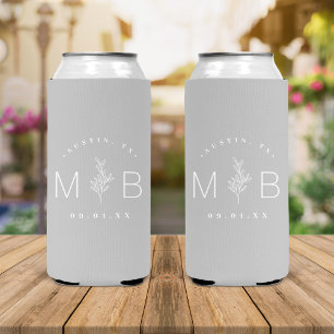 Rustic Floral Stem Wedding Monogram   Grey Seltzer Can Cooler