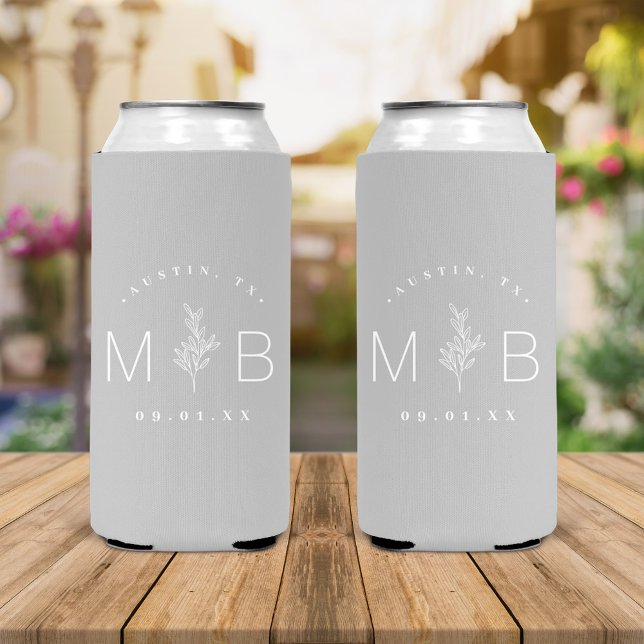 Rustic Floral Stem Wedding Monogram | Grey Seltzer Can Cooler (Creator Uploaded)