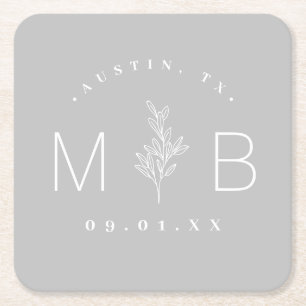 Rustic Floral Stem Wedding Monogram Grey Square Paper Coaster