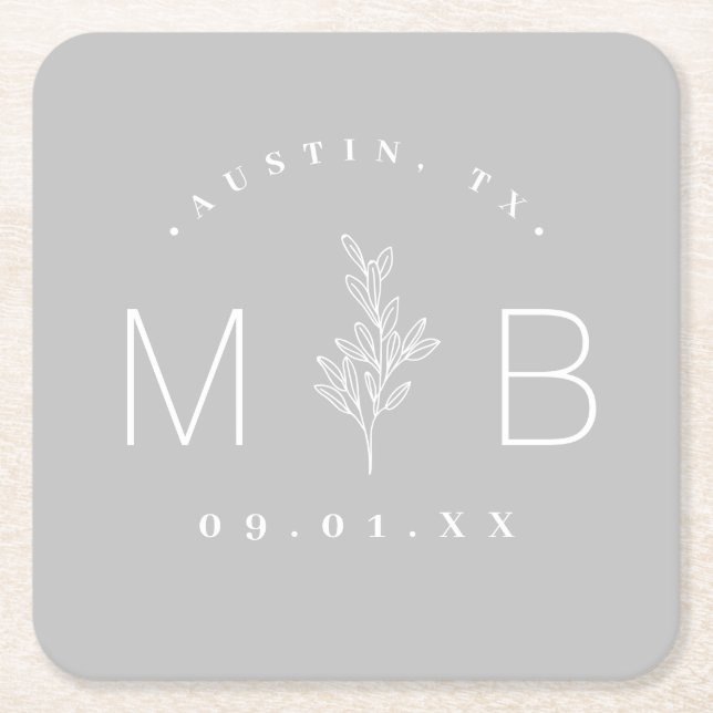 Rustic Floral Stem Wedding Monogram | Grey Square Paper Coaster (Front)