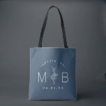 Rustic Floral Stem Wedding Monogram | Lake Blue Tote Bag<br><div class="desc">Custom printed tote bags make a fun and functional wedding favour your guests will love! Personalise the template with the bride and groom's names or monogram initials. Add your wedding date, the city, state or venue name or any other custom text. This modern rustic logo-style design has a simple floral...</div>