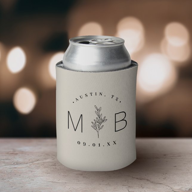 Rustic Floral Stem Wedding Monogram | Light Beige Can Cooler (Creator Uploaded)