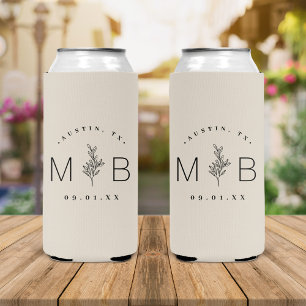 Rustic Floral Stem Wedding Monogram   Light Beige Seltzer Can Cooler
