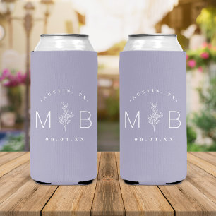 Rustic Floral Stem Wedding Monogram   Lilac Seltzer Can Cooler