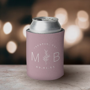 Rustic Floral Stem Wedding Monogram   Mauve Can Cooler