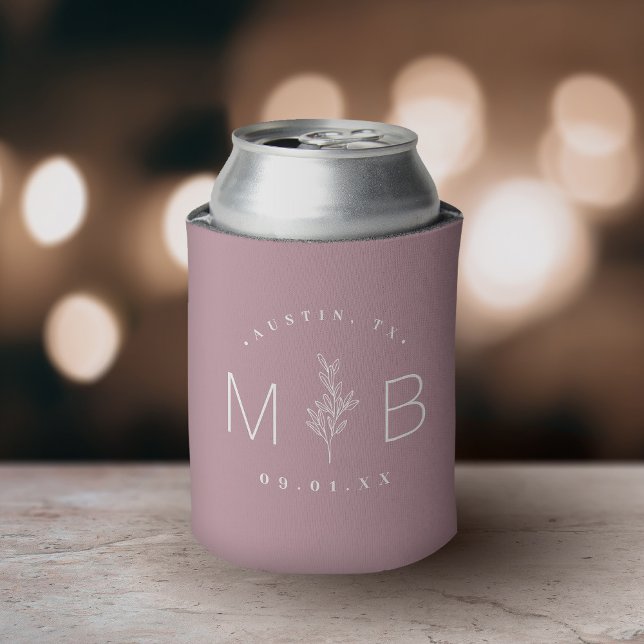 Rustic Floral Stem Wedding Monogram | Mauve Can Cooler (Creator Uploaded)