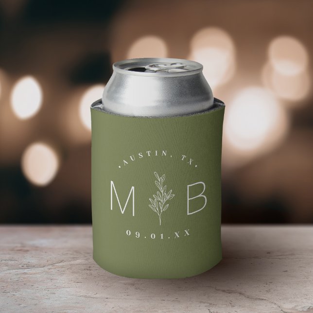 Rustic Floral Stem Wedding Monogram | Olive Green Can Cooler (Creator Uploaded)