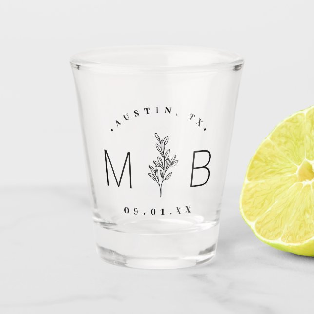 Rustic Floral Stem Wedding Monogram Shot Glass (Front)