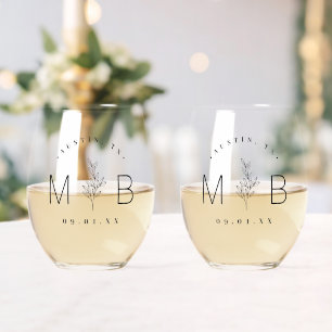 Rustic Floral Stem Wedding Monogram Stemless Wine Glass
