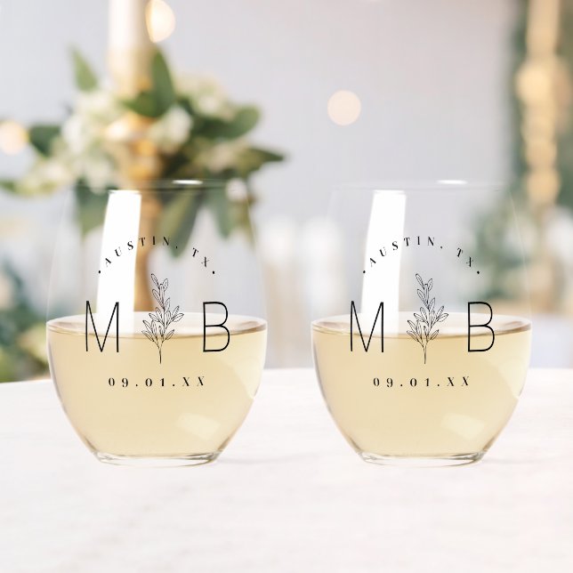 Rustic Floral Stem Wedding Monogram Stemless Wine Glass (Insitu (Wedding))