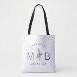 Rustic Floral Stem Wedding Monogram | White Tote Bag<br><div class="desc">Custom printed tote bags make a fun and functional wedding favour your guests will love! Personalise the template with the bride and groom's names or monogram initials. Add your wedding date, the city, state or venue name or any other custom text. This modern rustic logo-style design has a simple floral...</div>