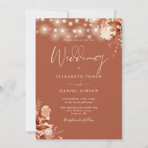 Rustic Floral String Light Terracotta Fall Wedding Invitation