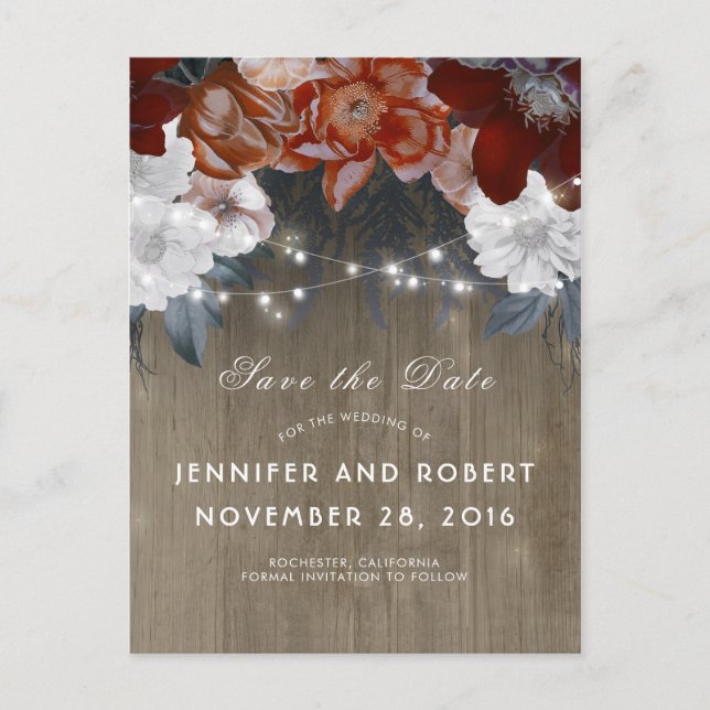 Rustic Floral String Lights Barn Save the Date Announcement Postcard (Front)