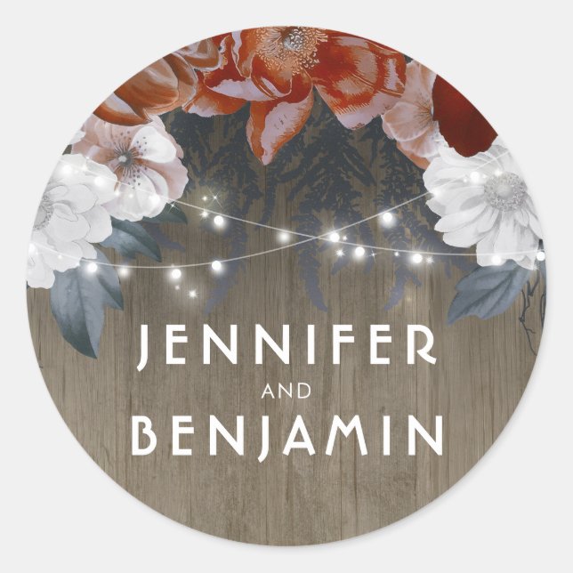 Rustic Floral String Lights Barn Wedding Classic Round Sticker (Front)