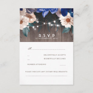 Rustic Floral String Lights Blue Wedding RSVP Card
