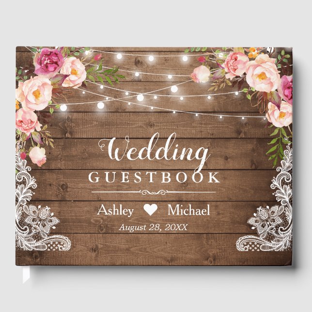 Rustic Floral String Lights Lace Wedding Guest Book (Front)