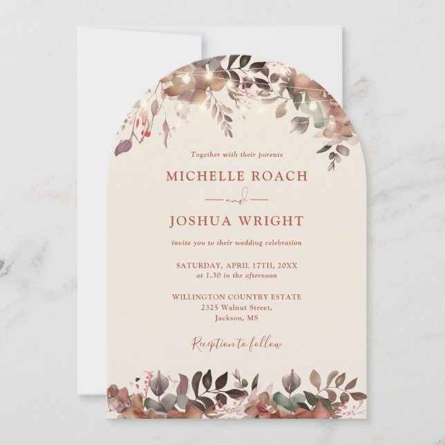Rustic Floral String Lights Monogram Arch Wedding Invitation (Front)